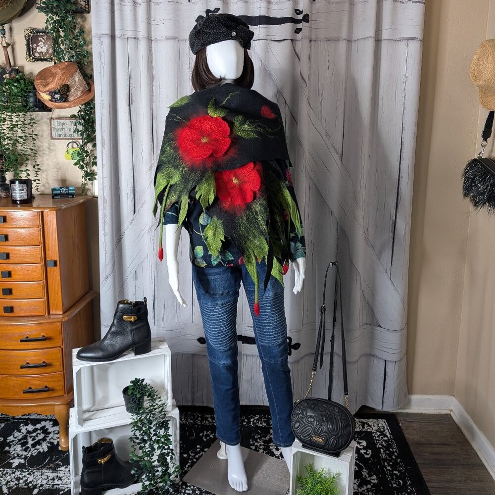 Handmade Felted Red Poppy Flower Wrap Art To Wear OOAK!